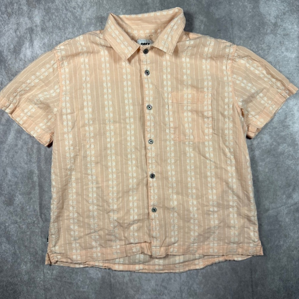 Obey Mens Peach Floral Stripe Short Sleeve Button Down Shirt Medium Y2K Summer